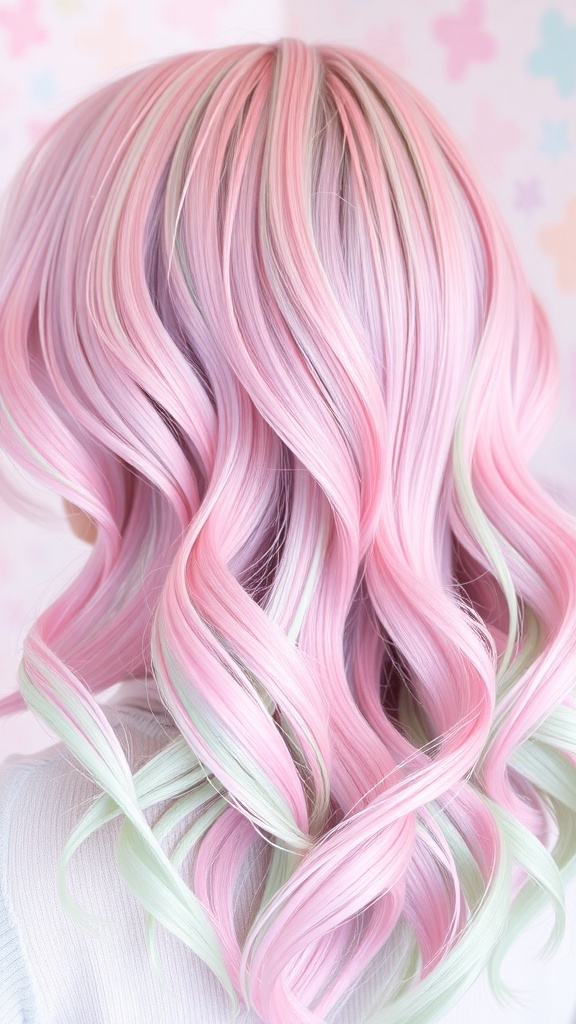Pastel ice cream hair color in shades of pink, lavender, and mint green styled in waves.